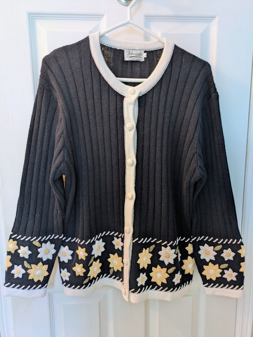 Fiberworks Artwear Cardigan with Hand Embroidered Floral Border